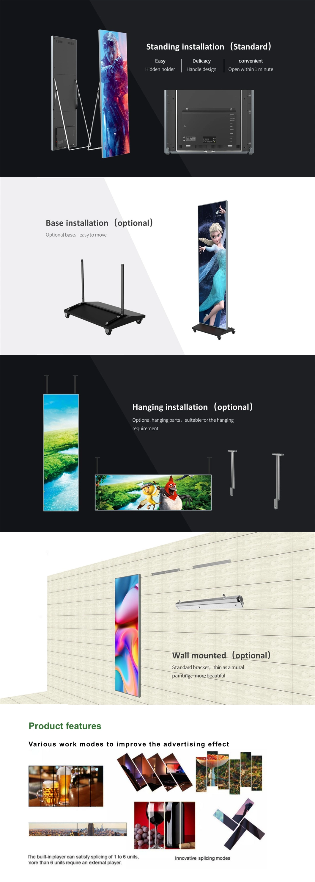 HD LED Screen Ultra Slim Smart Digital Indoor P3 P1.86 P2 P2.5 Standing Poster LED Screen Indoor Mirror LED Display