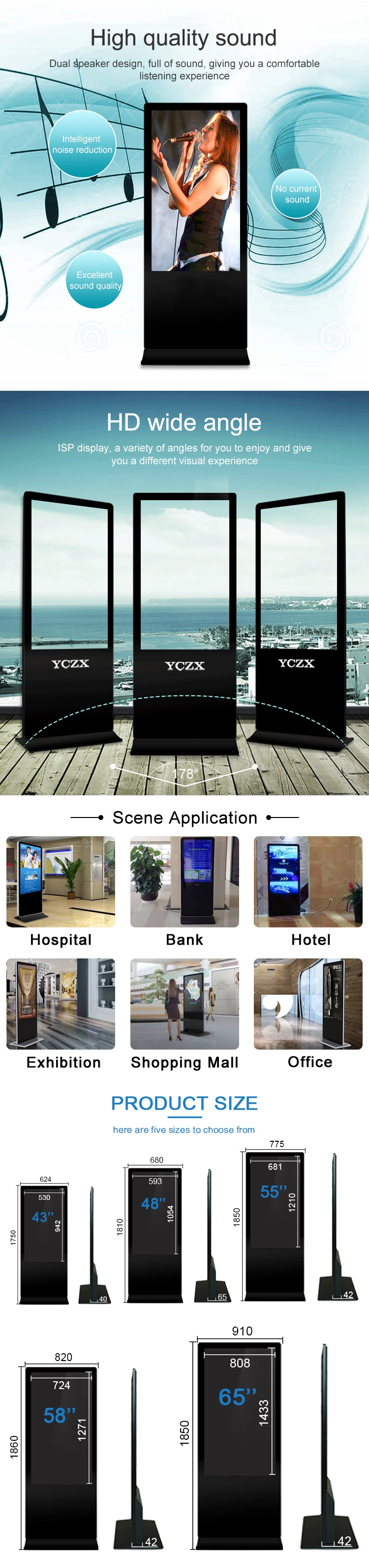 55 Inch LCD Floor Standing Indoor LED Digital Screen Advertising Display Signage